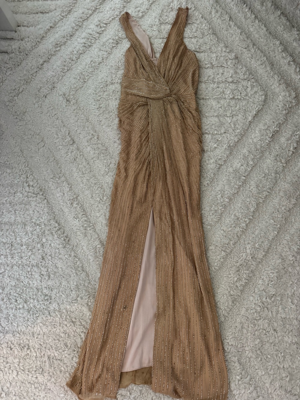 Sleeveless Maxi Dress in Camel with Subtle Metallic Stripes
